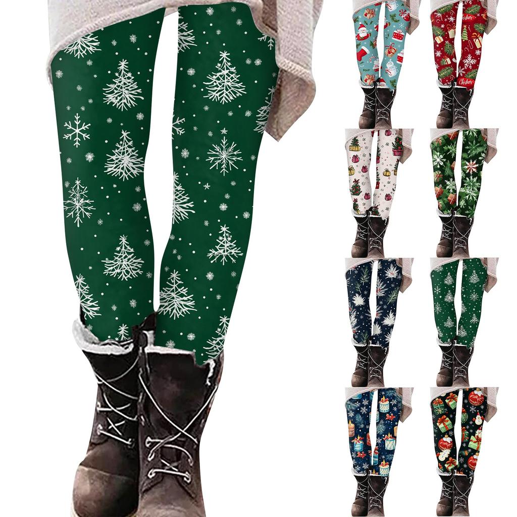 Women's Casual Christmas Tree Snowflake Print Slim Fit Elastic Yoga Pants Cropped Pants