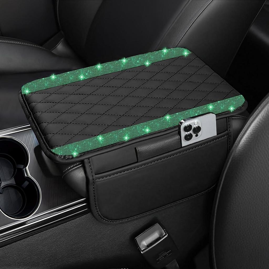 NBTEPEM Shiny car center console cover,Leather car armrest cover pad,Belt 2 A storage bag,General Automobile Armrest Protector Storage Box,Shiny