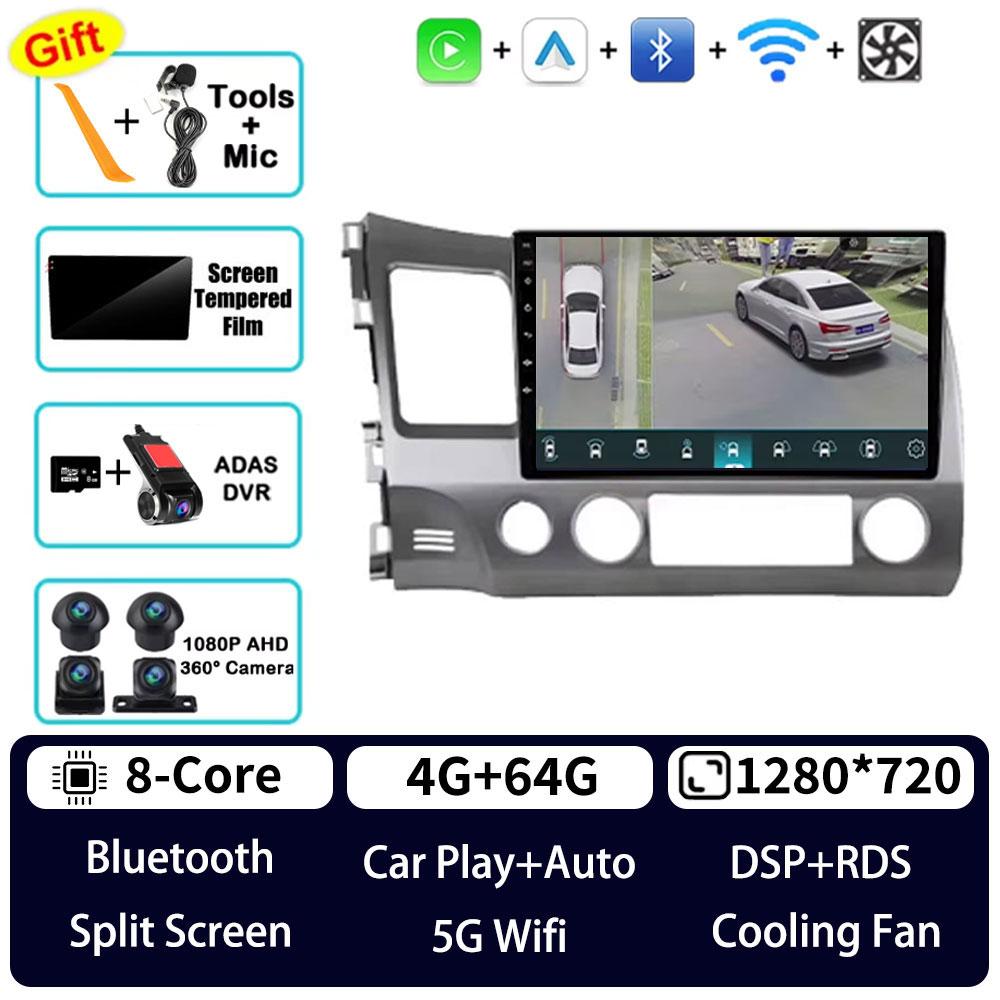 Autoradio Android 16 GPS Lecteur Multimédia Navi Unité Centrale Sans Fil Carplay Stéréo DSP RDS pour Honda Civic 8 FK FN FD 2005 - 2012