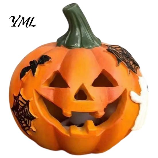 Halloween Party Centerpieces Spooky Lighted Pumpkin Figurine, Engraved Light-Up Resin LED Lights for Porch Statue Tabletop Indoor Outdoor Garden Patio