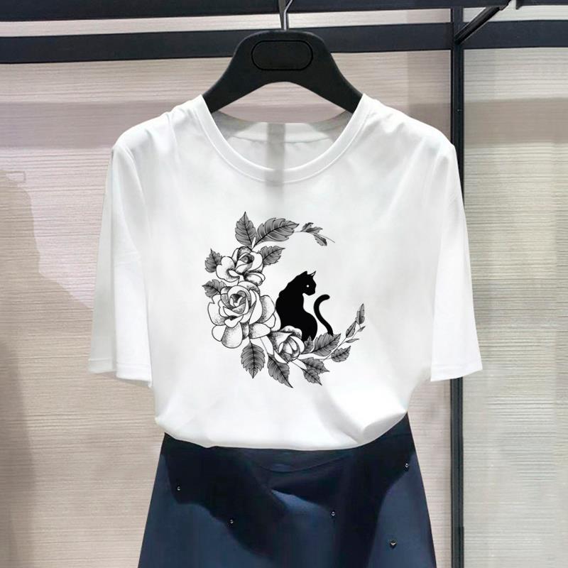 (Азиатский размер) Модный принт, женский забавный тренд с котом, милый, милый, повседневный женский топ, повседневная футболка, футболка с коротким рукавом и графикой