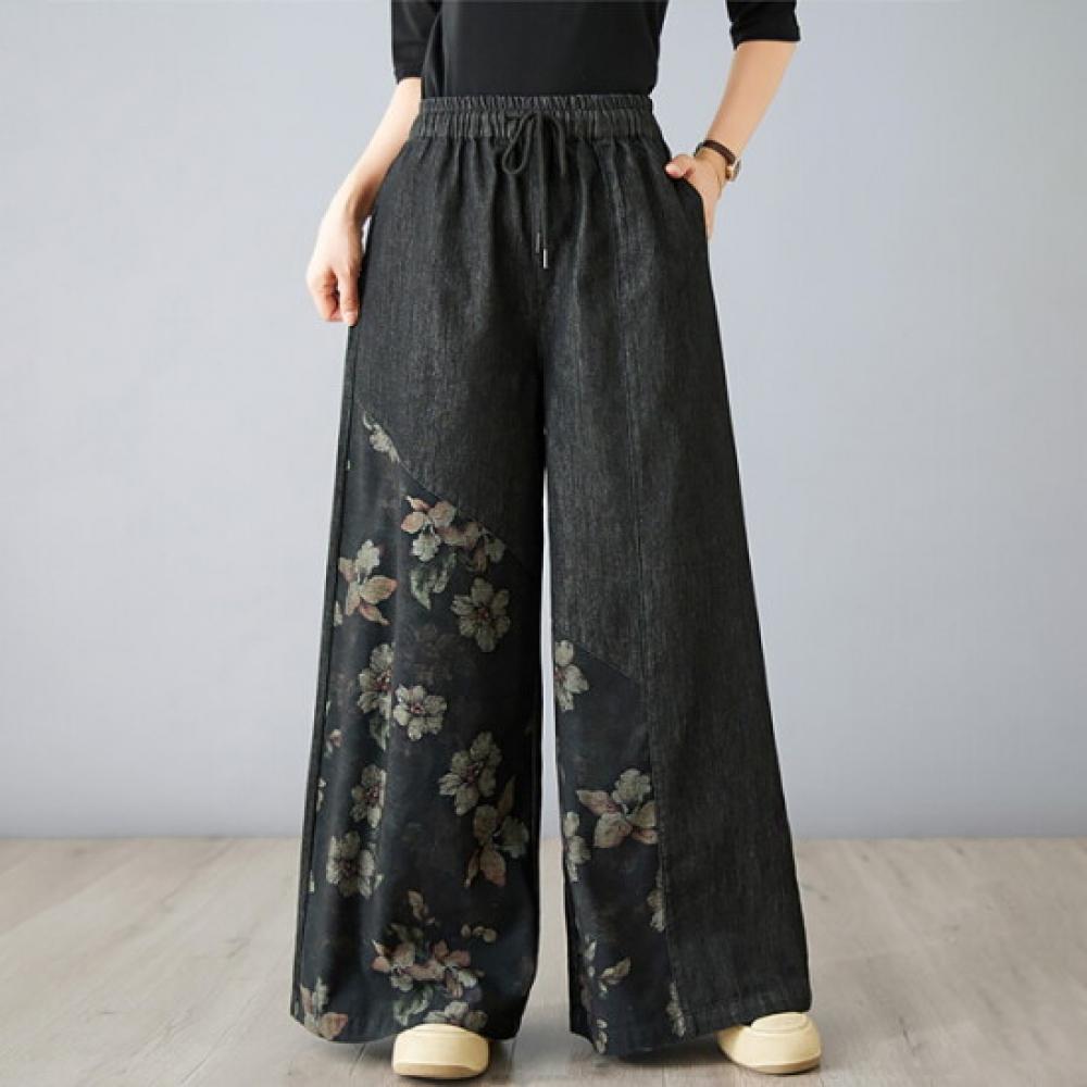 Fluorescence Denim Flower Print Banding Pants Color Option