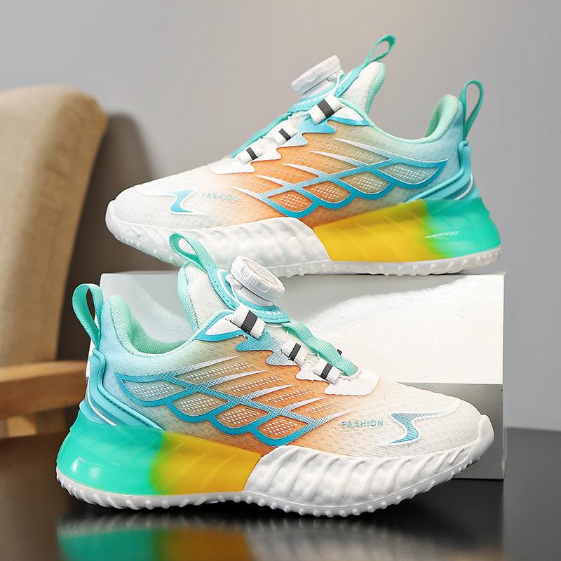 2025 Autumn New Boys' Sports Shoes Mesh Breathable Rotating Buckle Sports Shoes Medium and Older Children's Running Casual Shoes