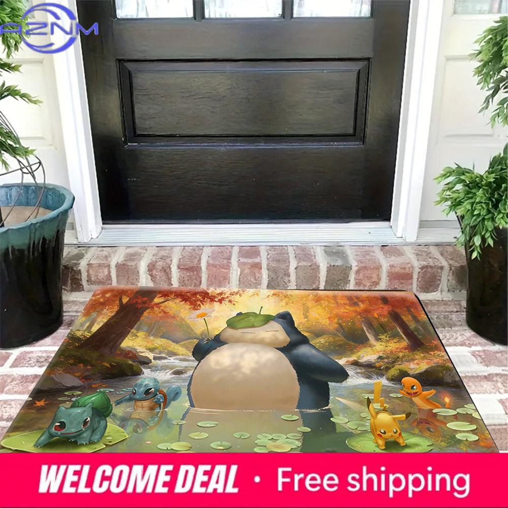 Pokemon Snorlax Pikachu and Starters Autumn Forest Print Doormat Anti-slip Absorbent Floor Mat for Home Entrance Bedroom Living