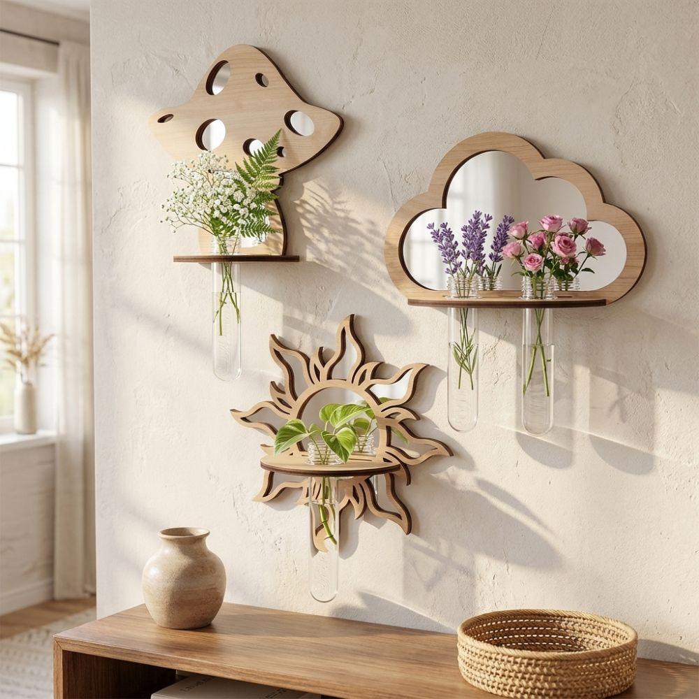 Mushroom House Wood Wall Mount Flower Shelf Mirror Hanging Plant Panel Balcony Decor