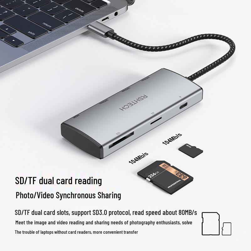 Док-станция USB-C 7-в-1: Type-C на 4K HDMI, 60 Гц, Универсальный кард-ридер SD/TF, Разветвитель, 10 Гбит/с.