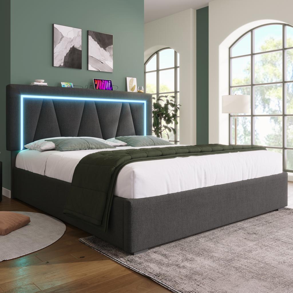 (=AB20434142G)Upholstered LED Double Bed with USB Type C Charging and Lighting, Linen Storage Bed Frame, 160x200 with Slatted Frame (without Mattress)