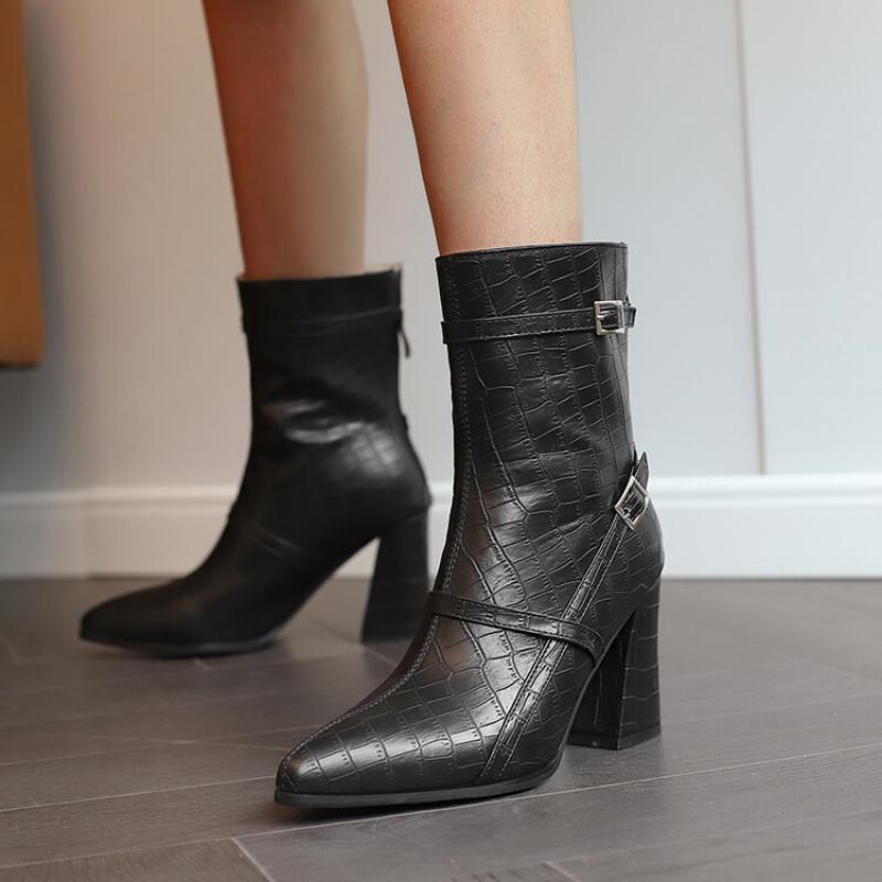 Большие размеры 49 50 женские ботинки из искусственной кожи крокодила с двойной пряжкой-молнией цвета красного вина, ярко-желтого, темно-синего цвета, на высоком каблуке