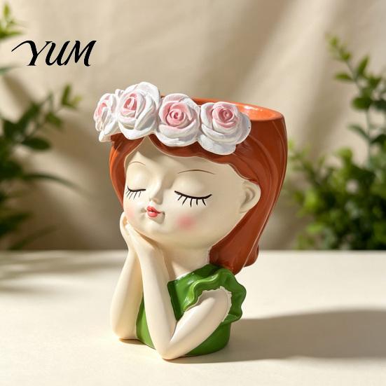 Декоративное изделие из смолы, Милый цветочный горшок в виде девочки, Горшок-голова с гирляндой из роз, Декоративный контейнер для растений для суккулентов, кактусов, Настольный горшок для декора помещений