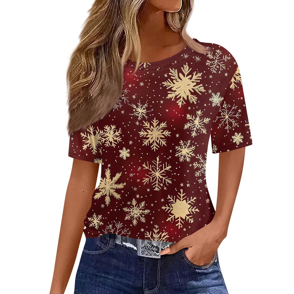 Women's Fashionable Casual Short Sleeve Christmas Print Round Neck Pullover Top