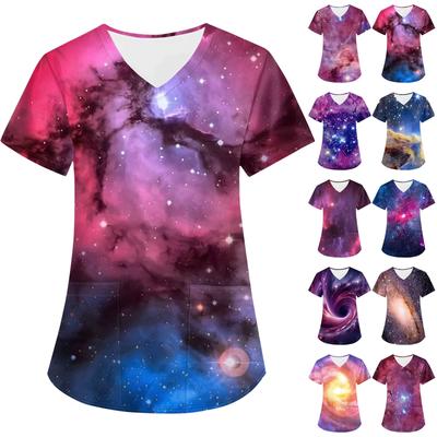 Женская модная астральная принтованная футболка с коротким рукавом и V-образным вырезом с маленьким карманом