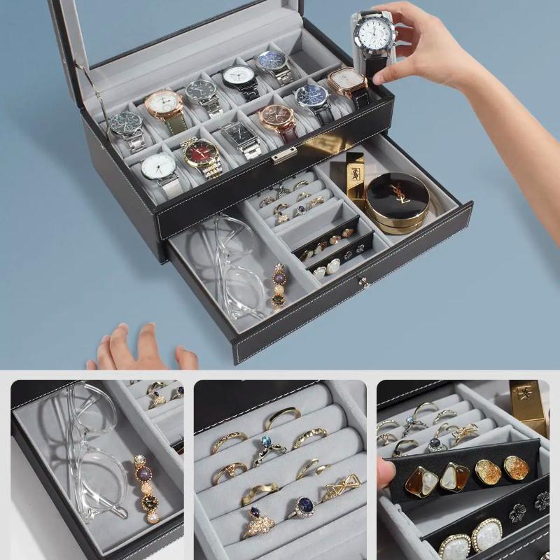 12-слотовые запирающиеся коробки для хранения часов из искусственной кожи, мужские и женские ювелирные изделия, ящик для показа, двухъярусный органайзер, витрина для часов