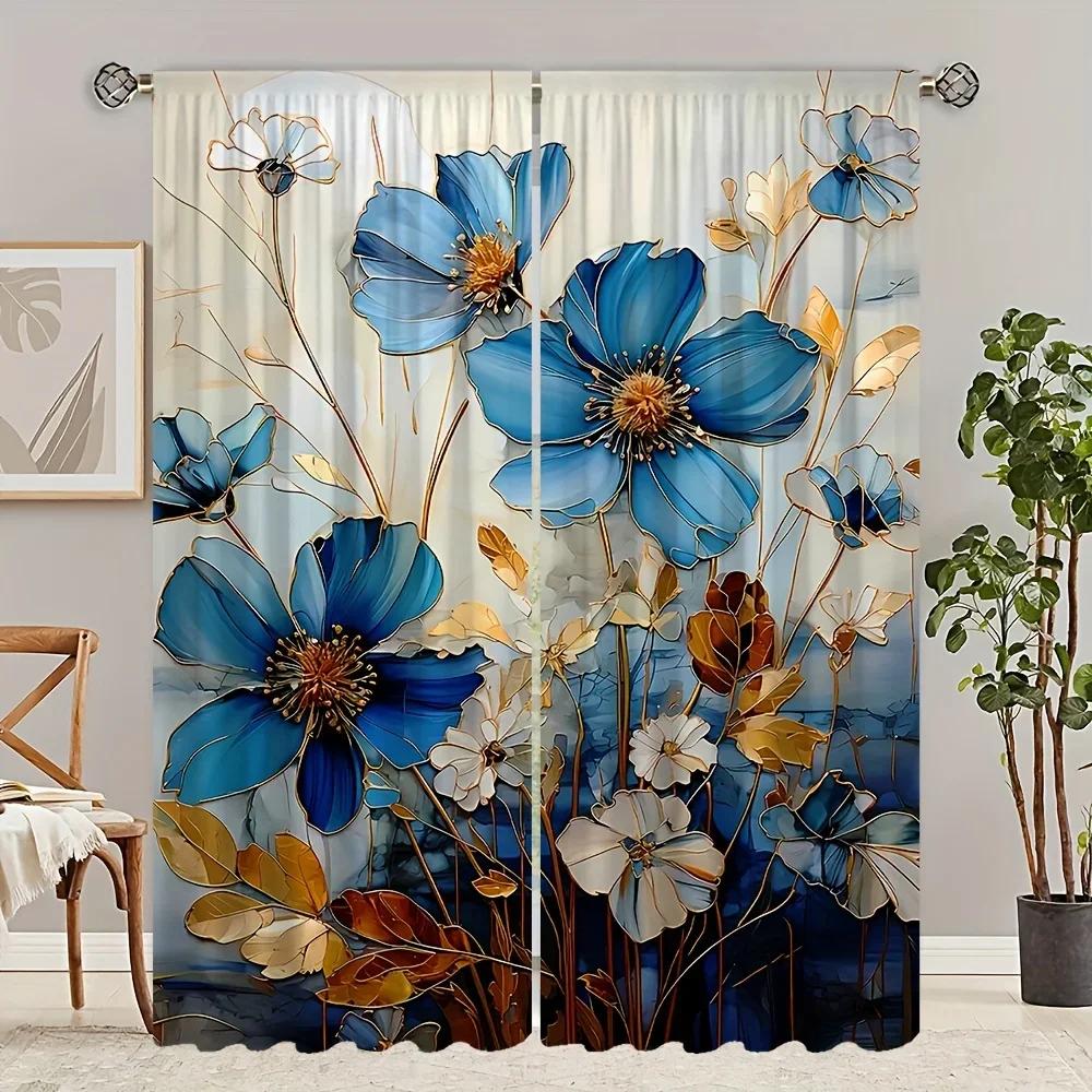 3D 2panels Blooming Roses Printed Curtain, For Bedroom Office Kitchen Living Room Study Home Decor
