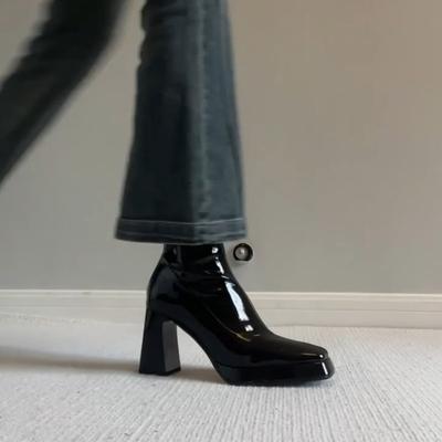 Лакированная кожа на толстой подошве с высоким каблуком короткие женские британские ветронепроницаемые квадратные задние молнии тонкие ботинки