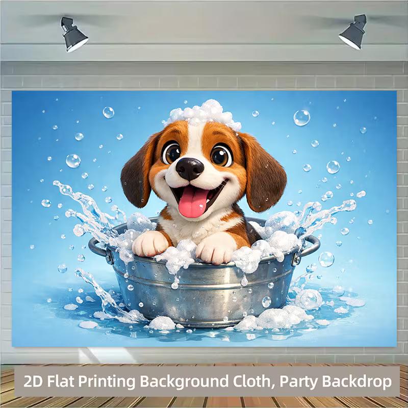 2D Adorable Beagle Puppy Bath Party Tapestry Blue Water and Bubbles Art Print