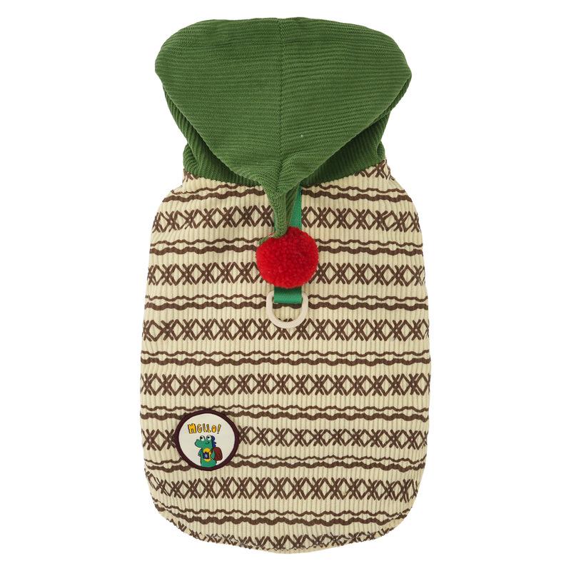 Cute Pom Pom Pointed Hood Dog Winter Vest Vintage Knit Corduroy Pet Coat Fleece Lined With D-ring Small Medium Dog Puppy Clothes