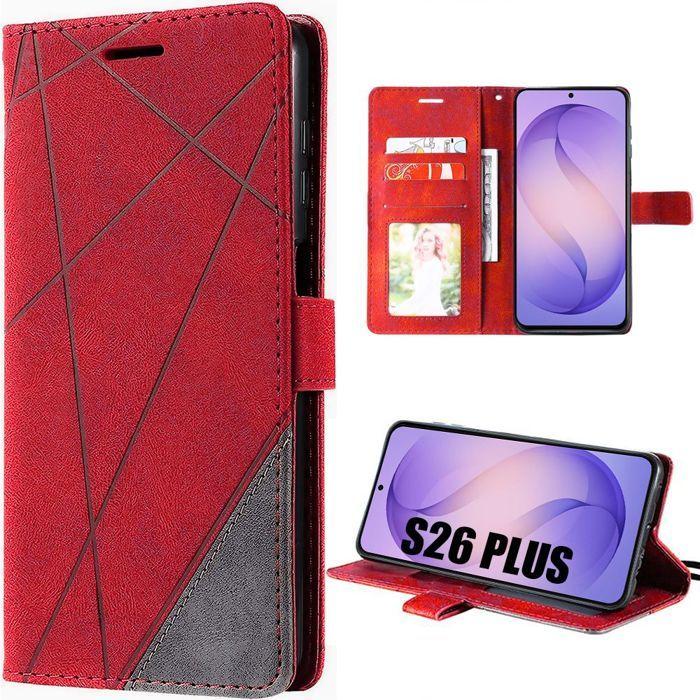 Coque pour Samsung Galaxy S26 Plus, Protection Rabat Anti-Rayures Synthécuir Bicolore Rouge Gris