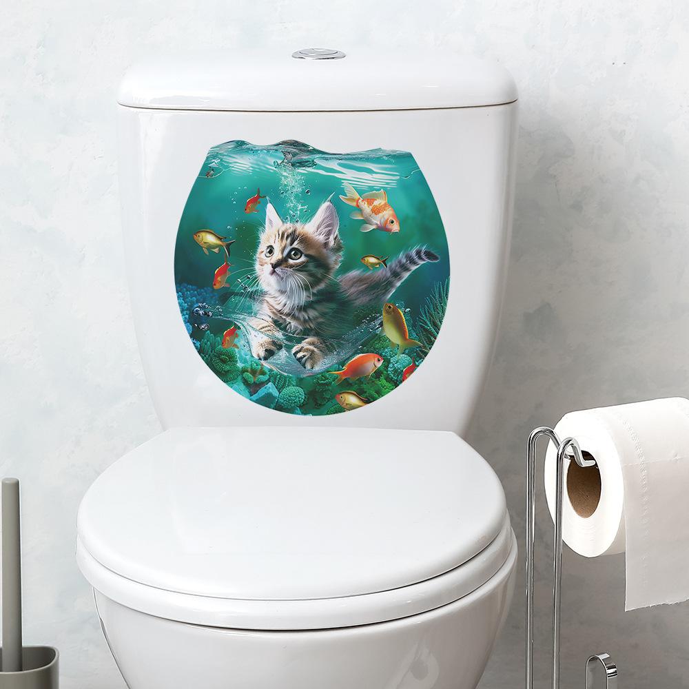 Мультфильм Подводный мир Кошка Туалет Наклейки Ванная Комната Украшения Дома Наклейки На Стены