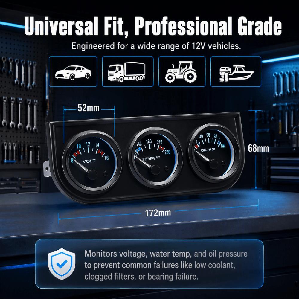 Black Triple Gauge Set 3 in 1 Car Meter Kit Easy Installation Car Gauge Cluster  Vehicle Monitoring