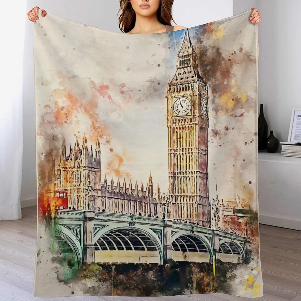 London in Watercolor Throw Blanket Easy Care Comfortable Blanket for Couch