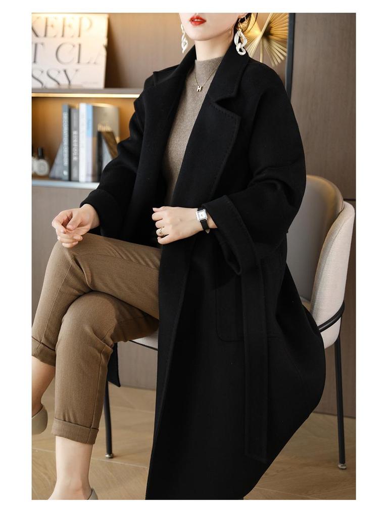 Женское очень длинное двустороннее пальто из 100% шерсти с поясом для осени и зимы
