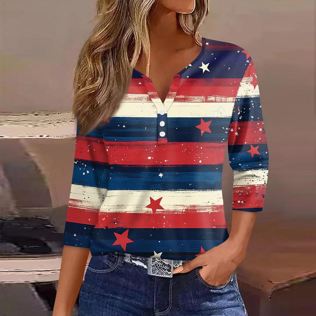 Women's T Shirt Tee Independence Day Printed Button  3/4 Sleeve Tunic Daily Weekend Fashion Basic V- Neck Regular Top