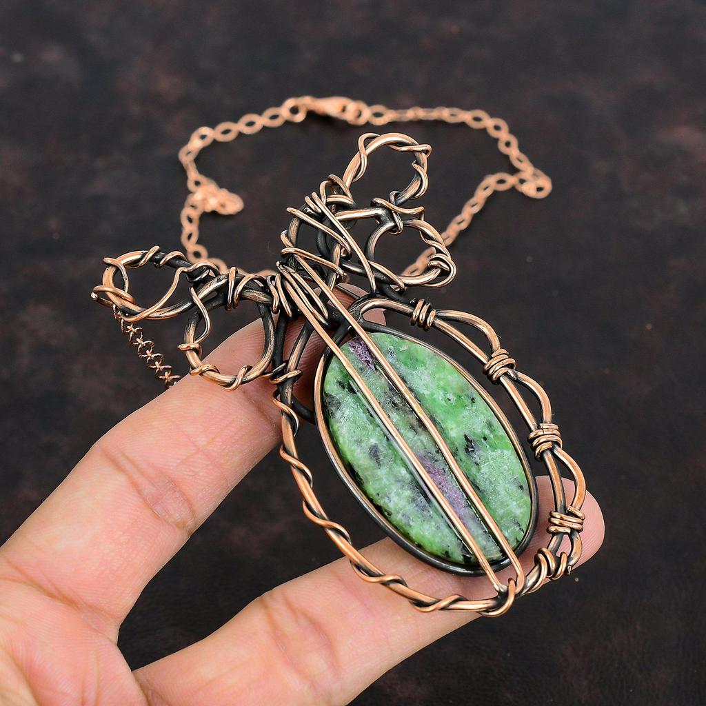 Ожерелье из рубина и цоизита, обмотанное медной проволокой, Ювелирные изделия из драгоценных камней рубина и цоизита, Ожерелье с регулируемой цепочкой, Медные украшения ручной работы для подарков