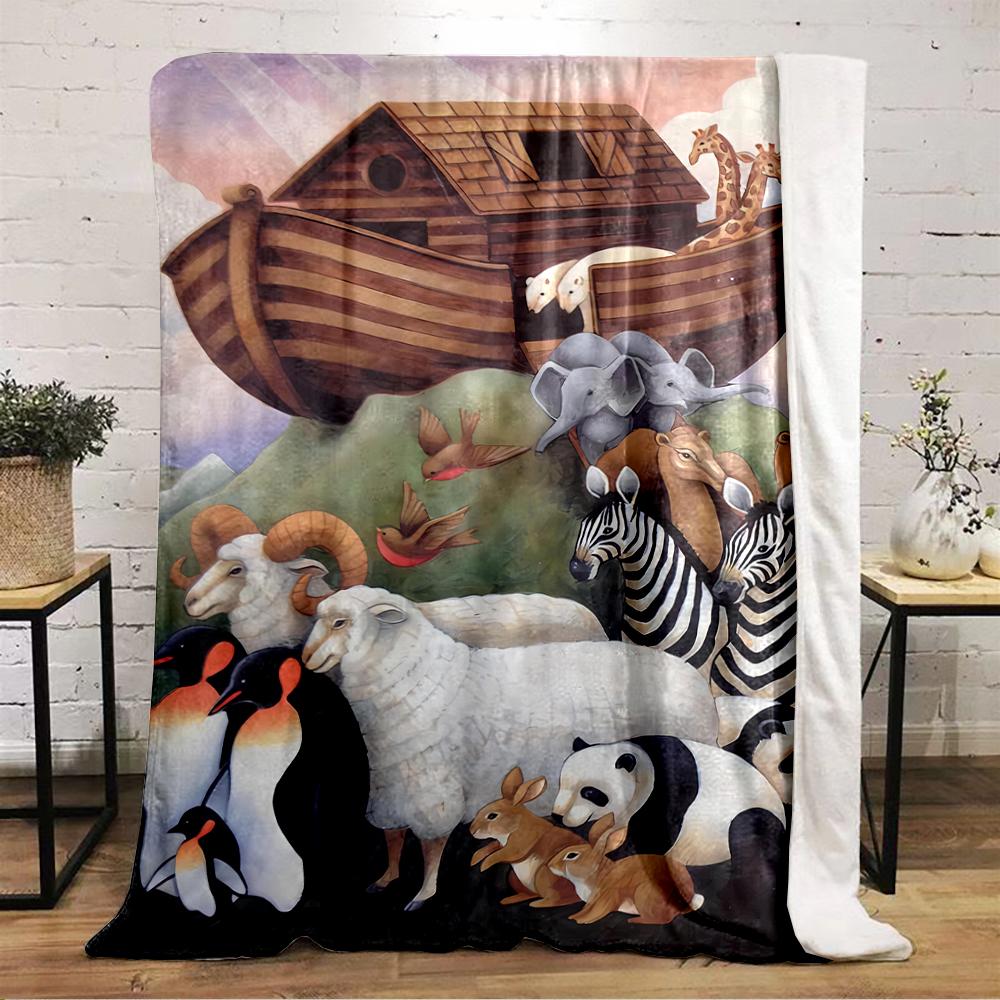 Noah’s Ark with Animals Illustration Blanket Flannel blanket for bedroom, living room, sofa, and nap sofas.