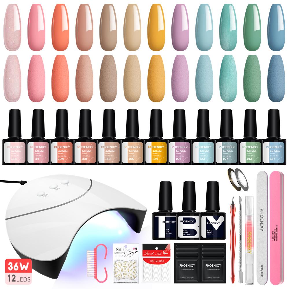 Маникюрный набор PHOENIXY Гель-лак для ногтей Лак для дизайна ногтей Матовый верхний слой с УФ-светодиодной лампой для сушки ногтей 36 Вт Инструменты для ногтей Набор сверл для ногтей Набор для украшения ногтей
