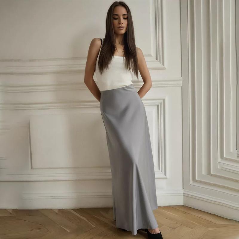 Длинная атласная юбка с высокой талией, женская летняя узкая модная элегантная юбка, женская повседневная лоскутная белая темпераментная уличная одежда для женщин 2024