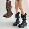 Women's Platform Boots Metal Buckle Thick Heel Motorcycle Boots Vintage Soft Leather Punk Boot Brown Leather Knight Boots D495