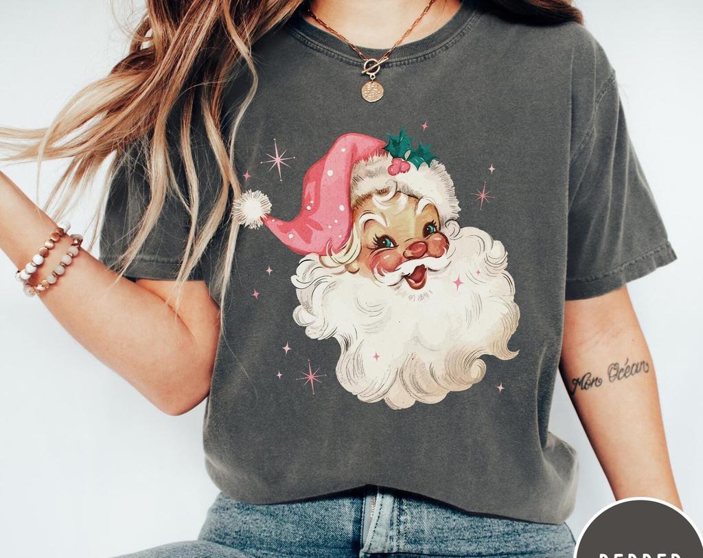 Pink Santa Retro Christmas Comfort Colors® T-Shirt, Vintage Christmas Shirt, Women's Christmas T-Shirt, Trendy Holiday Cute Christmas Shirt