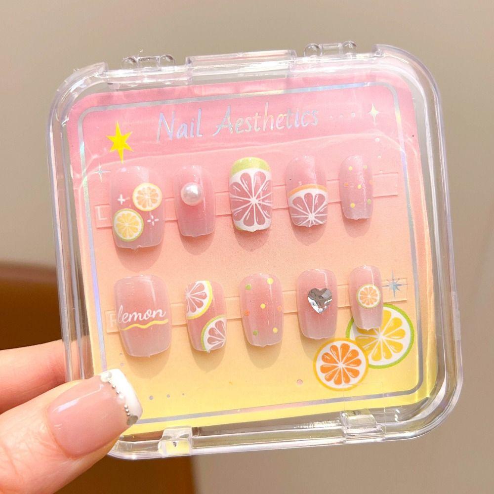 New Cartoon Children Wearing Nails Cherry Love Heart Detachable Press on Nail Cute 18 Styles Nail Tips for Girls Students