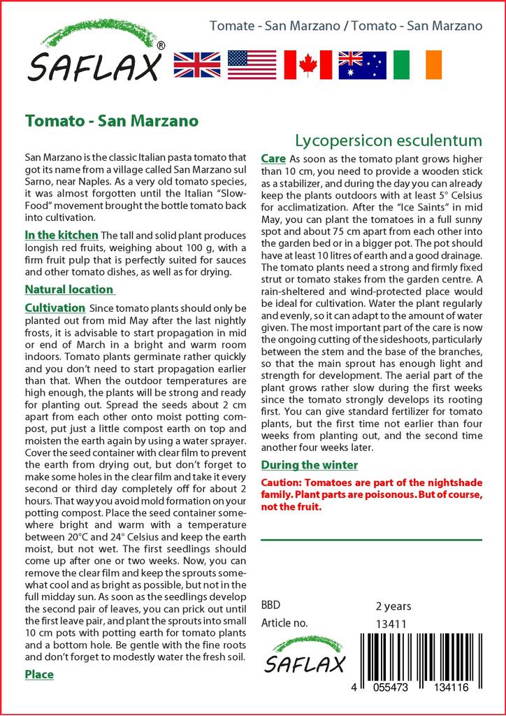 SAFLAX Помидор - Сан Марцано - 10 семян - Lycopersicon esculentum
