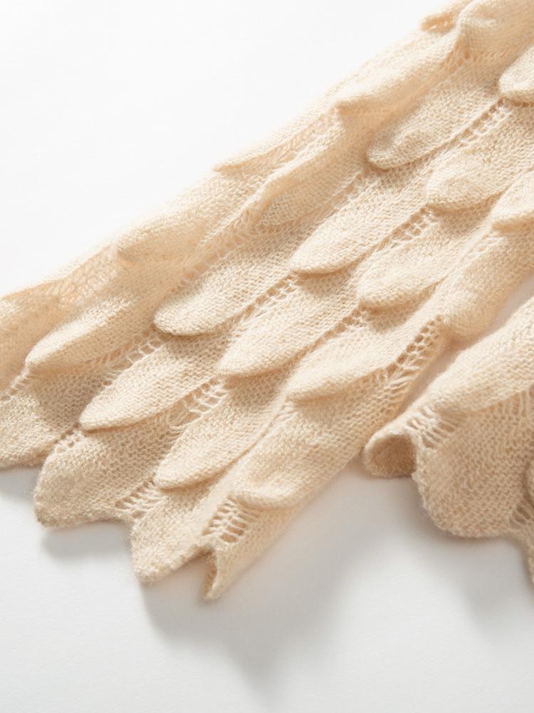 2026 Autumn/Winter Women's French Fashion Feather Patch Cashmere Sweater - Round Neck, Bell Sleeves, Hollowed Out Knit Design