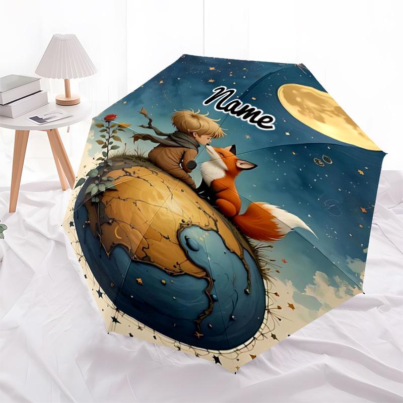 1PC Moonlit Friendship The Little Prince Custom Name Automatic Open/Close, 8-Rib Durable Frame Compact Travel Umbrella for Men & Women D1222001