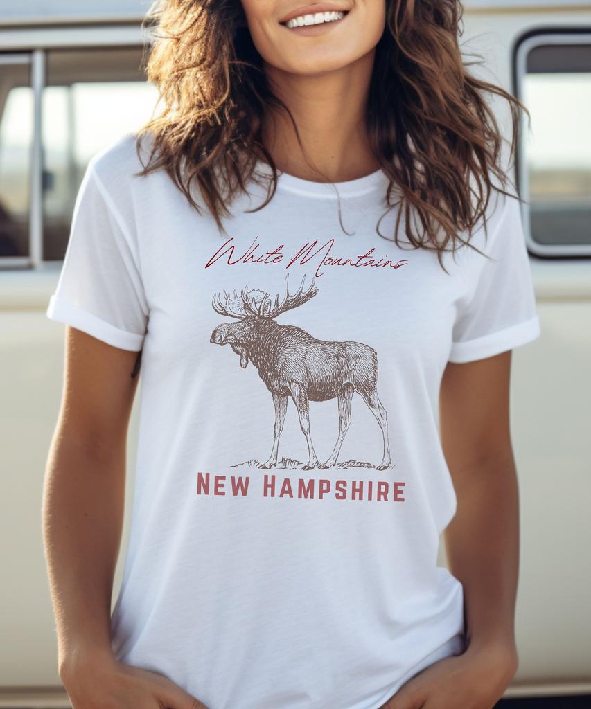 White Mountains New Hampshire Moose Tee Shirt Wildlife Graphic Nature Lover Gift Outdoor Adventure Apparel Forest Animal Top