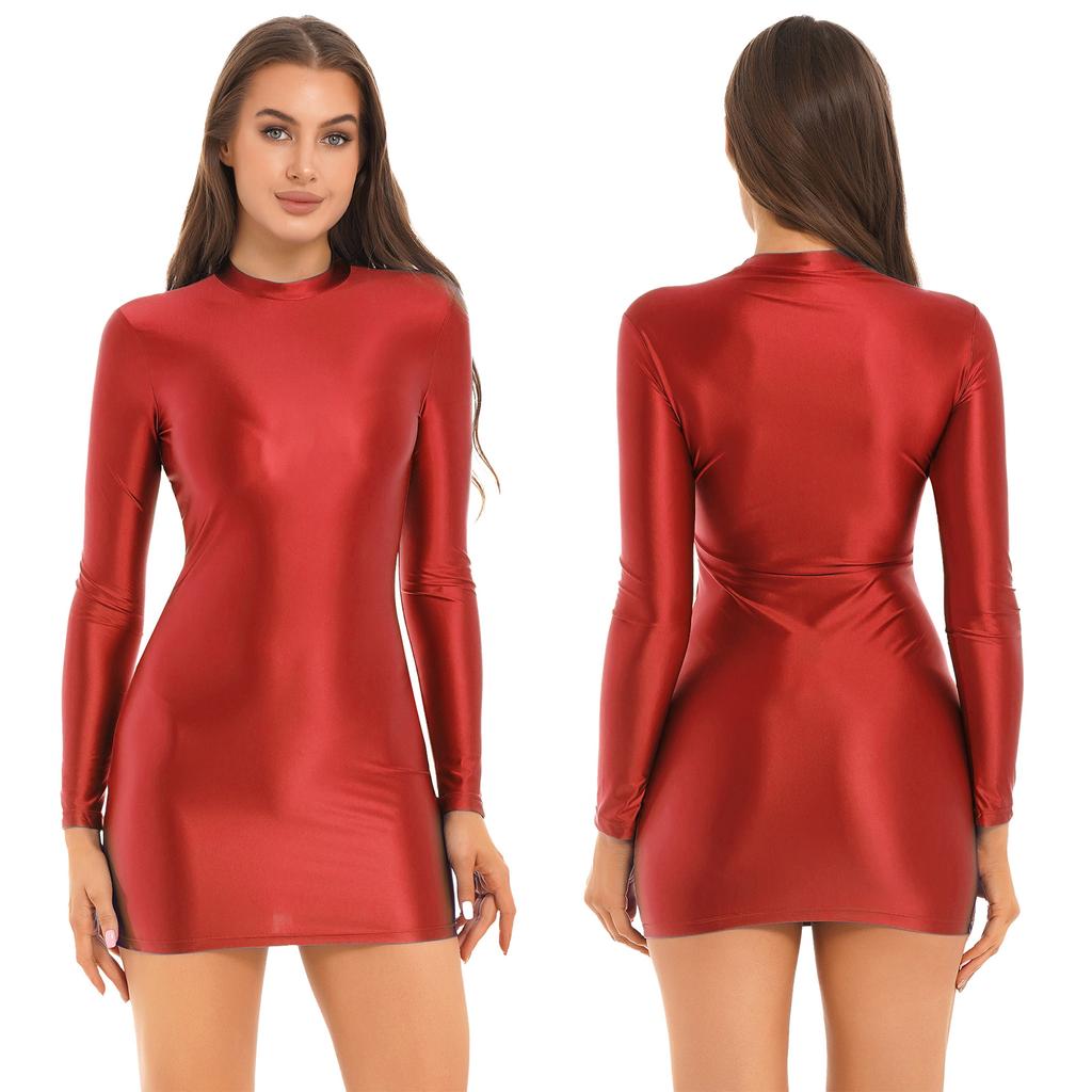Womens Glossy Long Sleeve Bodycon Dress Nightwear Solid Color Smooth Stretchy Mock Neck Tight Dresses
