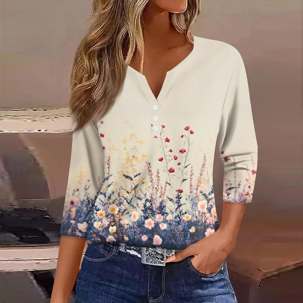 Women's T Shirt Print Button 3/4 Sleeve Daily Weekend Fashion Basic V- Neck Regular Top