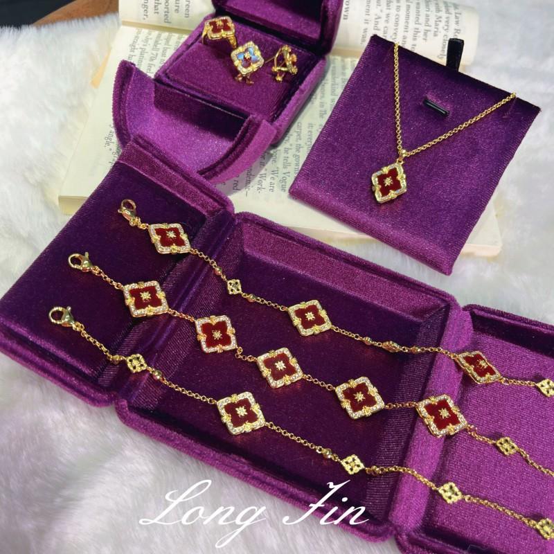 Vintage Floral Jewelry Set Women Gold Tone Red Agate Style Necklace Bracelet Ring Earrings With Zircon Accents