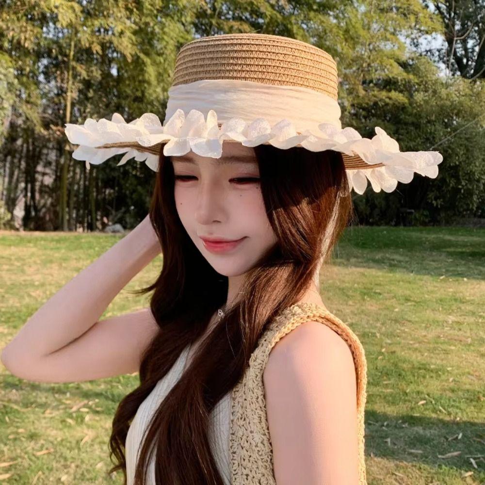 with Mesh Bow Straw Hat Wide-brimmed Sun Hat Elegant Sunshade Hat for Summer Sun Protection