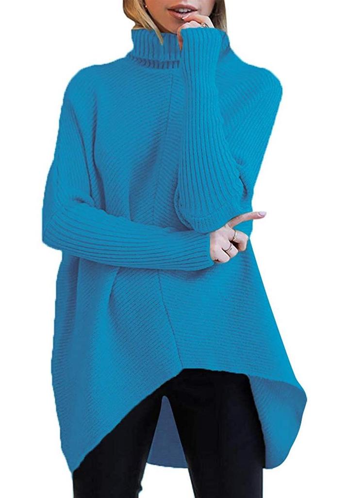 Women's Irregular Hem High Neck Pullover Long Sleeve Knit Sweater