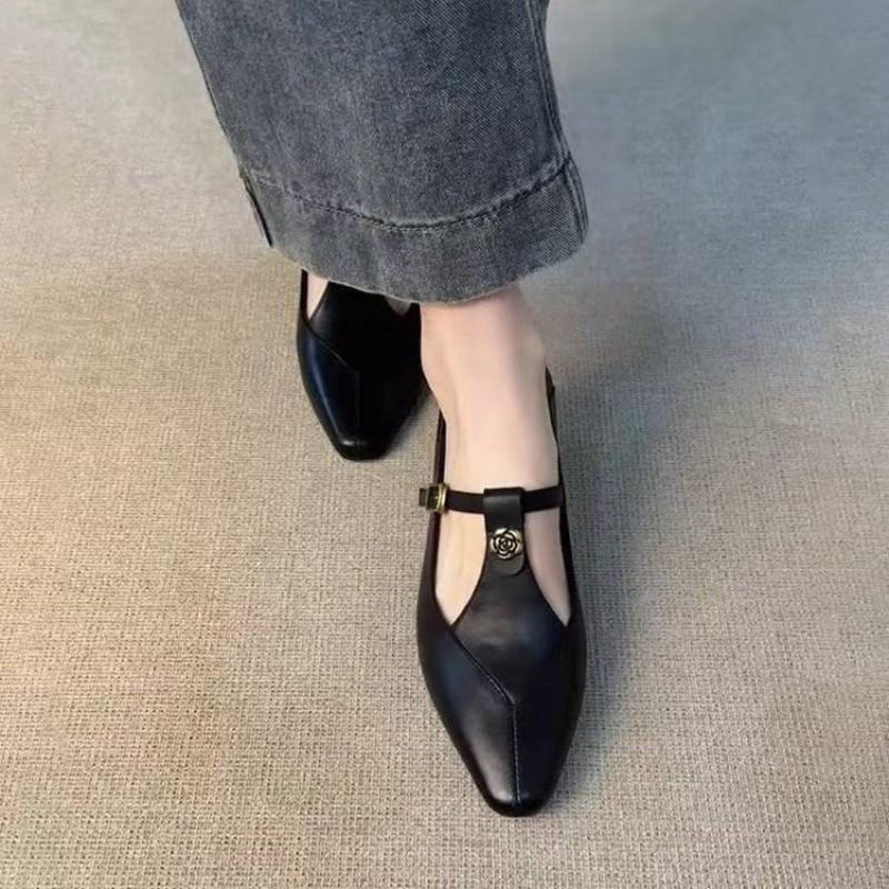 Новые винтажные женские кожаные туфли-лодочки Мэри Джейн - Остроносые, с золотой цветочной пряжкой на Т-образном ремешке, на низком каблуке, офисная и повседневная обувь