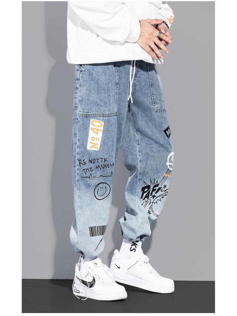 YOA Мужские осенние джинсы с кулиской с мультяшными граффити - Модные джоггеры свободного кроя с принтом букв
