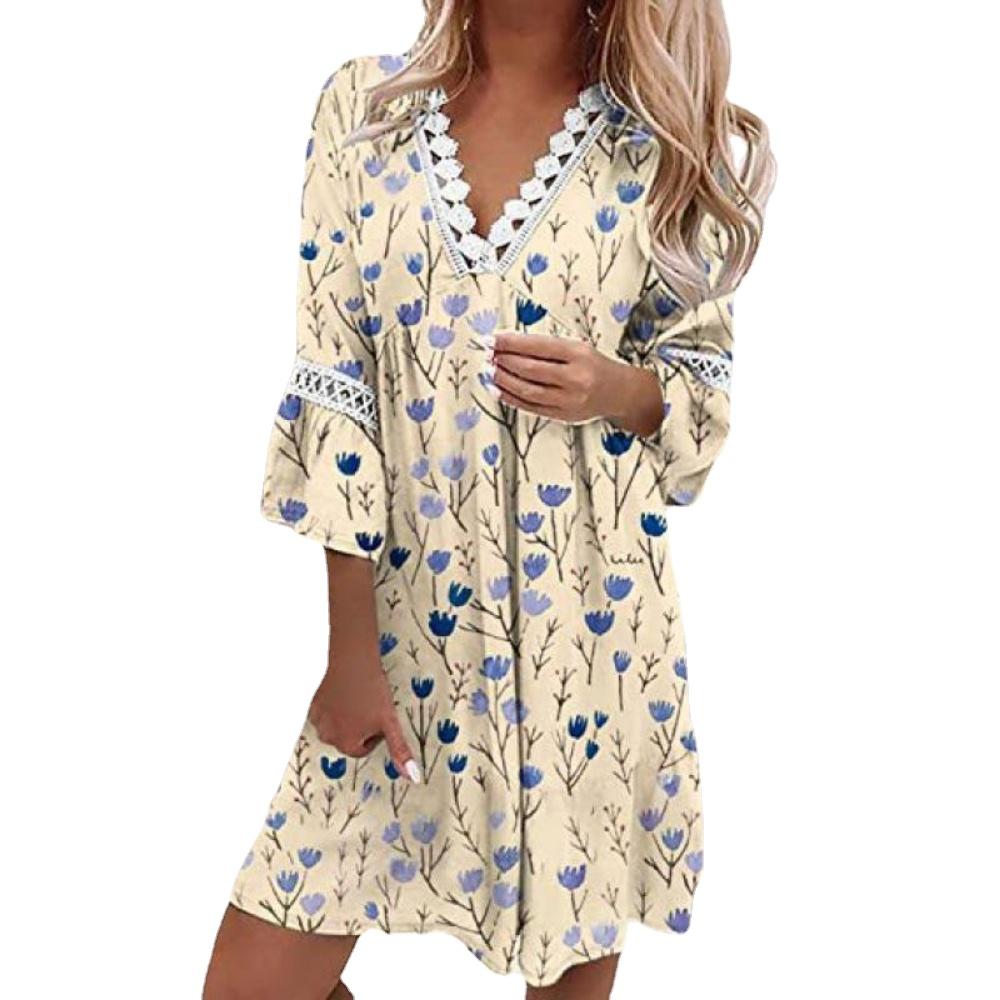 Летнее кружевное лоскутное платье с v-образным вырезом и рюшами, рукавами три четверти и цветочным принтом, женская одежда трапециевидной формы больших размеров