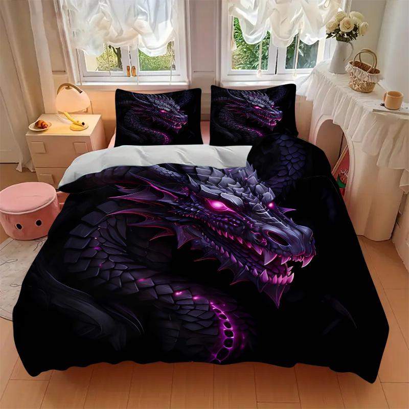 3pcs Fiery Purple Dragon Printed Quilt Set - Includes 1 Quilt Cover and 2 Pillowcases, Machine Washable - Suitable for All Seasons.H035
