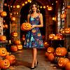 Women's Halloween Print Dress Sleeveless Spaghetti Strap Fit and Flare Midi Dress with Off Shoulder Design Casual Party Dress
