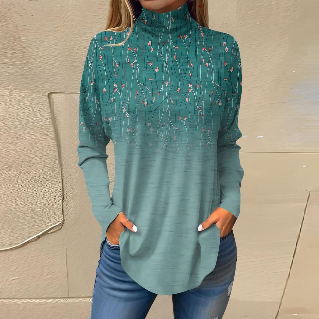 Женская модная повседневная футболка с длинным рукавом с высоким воротом и принтом, пуловер, топ