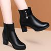 Women Cotton Shoes Autumn/winter Season Soft Leather Mid-high Heel Fleece-lined Ankle Boots Ladies Cotton Boots Black Round Head