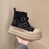 Модные ботильоны на платформе Осень Новые Круглый носок Металлическая пряжка Колорблок Боковая молния Противоскользящие Износостойкие Одинарные туфли